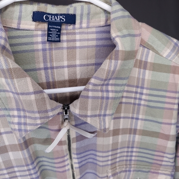 Chaps Flannel Plaid Shirt Women 2XL Zip Collar Purple Beige Pastel Multicolor XX - Picture 7 of 10